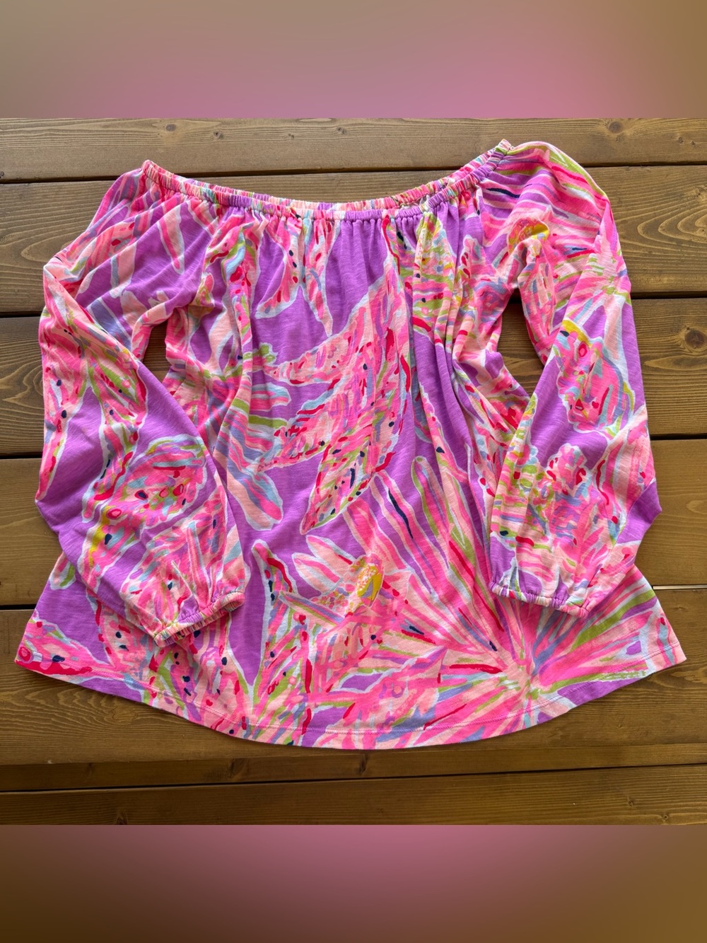 Lilly Pulitzer Enna Off Shoulder Top Amethyst Sunseekers Print Small 100% Cotton